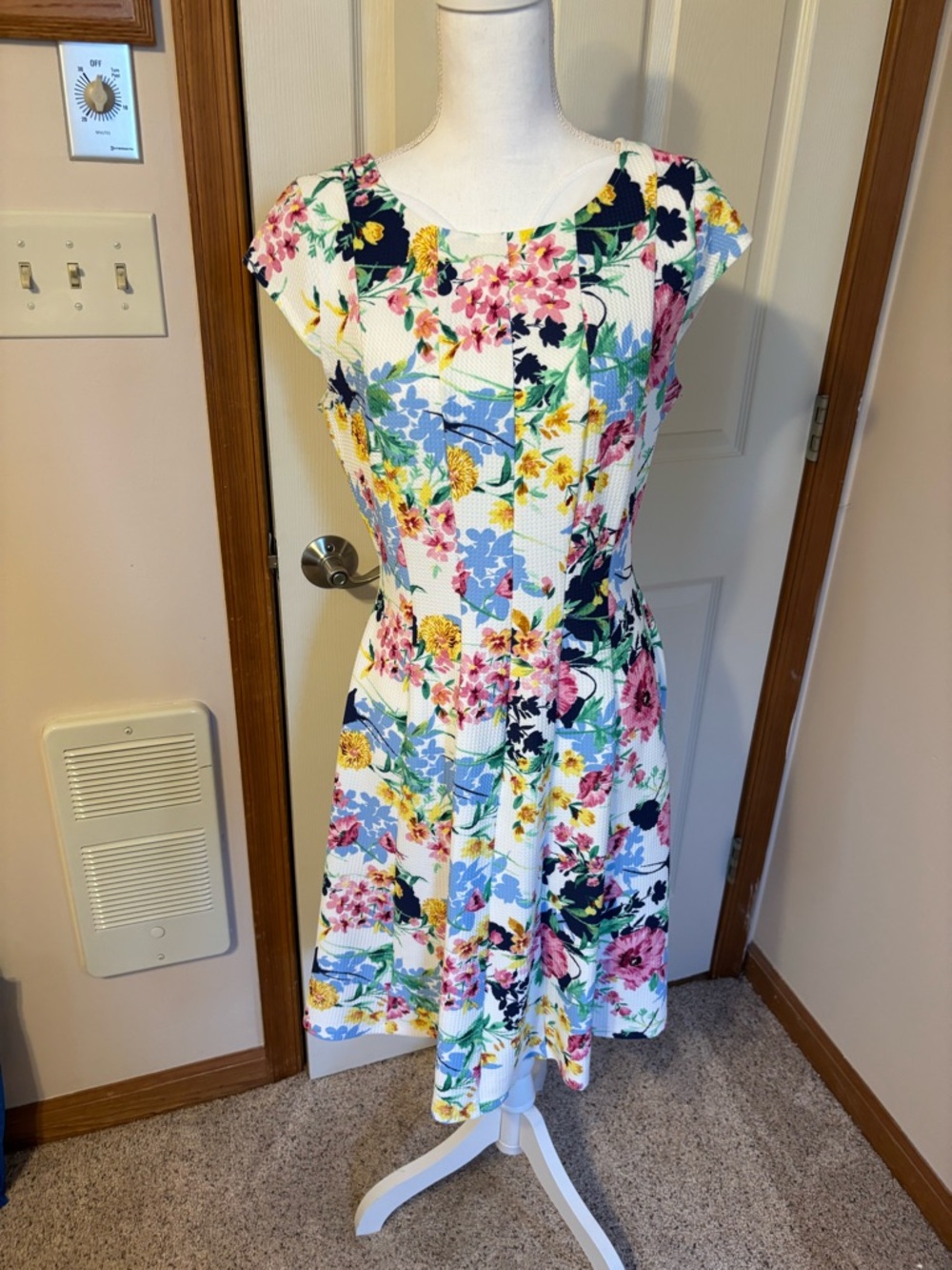 Elle White Floral Midi Dress with Pink, Blue & Yellow Blooms